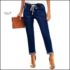 High Waisted Stretch Jeans Straight Leg Pull-On Elastic Waist
